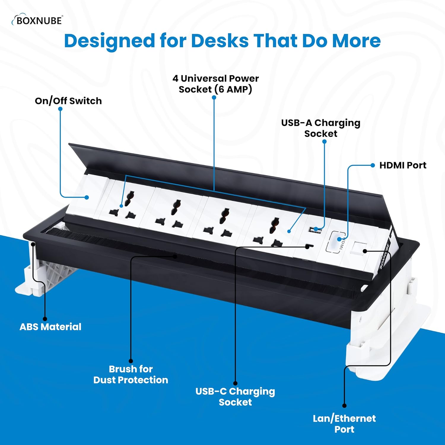 BOXNUBE Fliptop Box Cable Cubby Extension Board with On/Off Switch, Universal Power Socket, LAN, HDMI, USB-A and USB-C Ports BOXNUBE Fliptop Box Cable Cubby Extension Board with On/Off Switch, Universal Power Socket, LAN, HDMI, USB-A and USB-C Ports